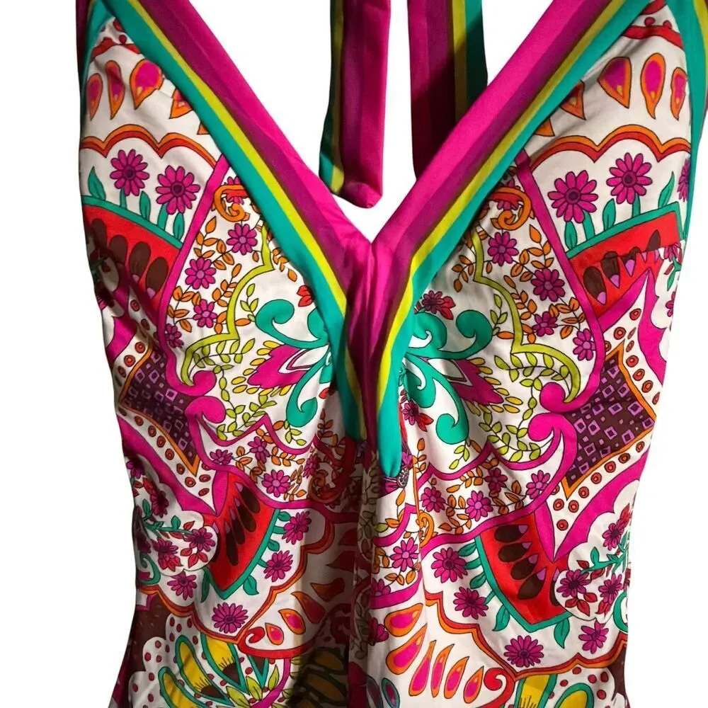 Trina Turk Hawaiian Garden Border Halter Plunge One Piece Swimsuit